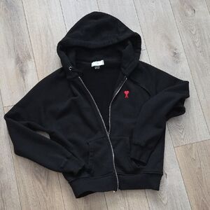 Black Zip-Up Hoodie with Red Logo